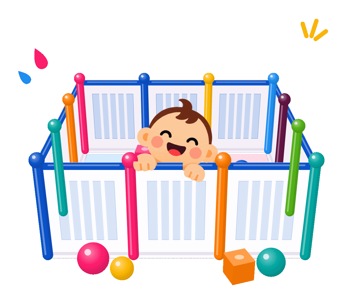 A colourful PlayPen playpen with a happy baby peeking over the rail